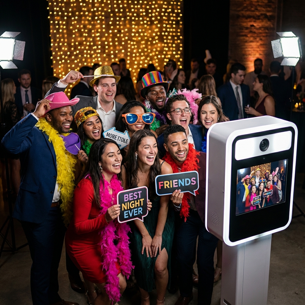 Happy people using a photobooth