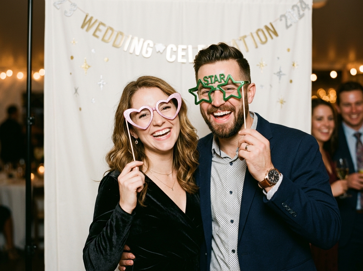Happy guests posing inside IA Event Pics photobooth